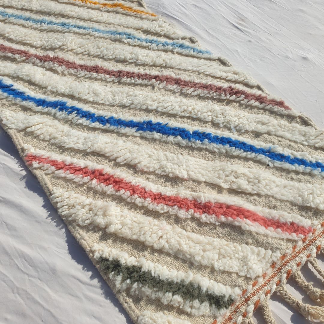 Jonat - Witte Beni Ourain Loper - Kleurrijke Diagonale Strepen Marokkaans Berber Gangkleed | 73x296 cm