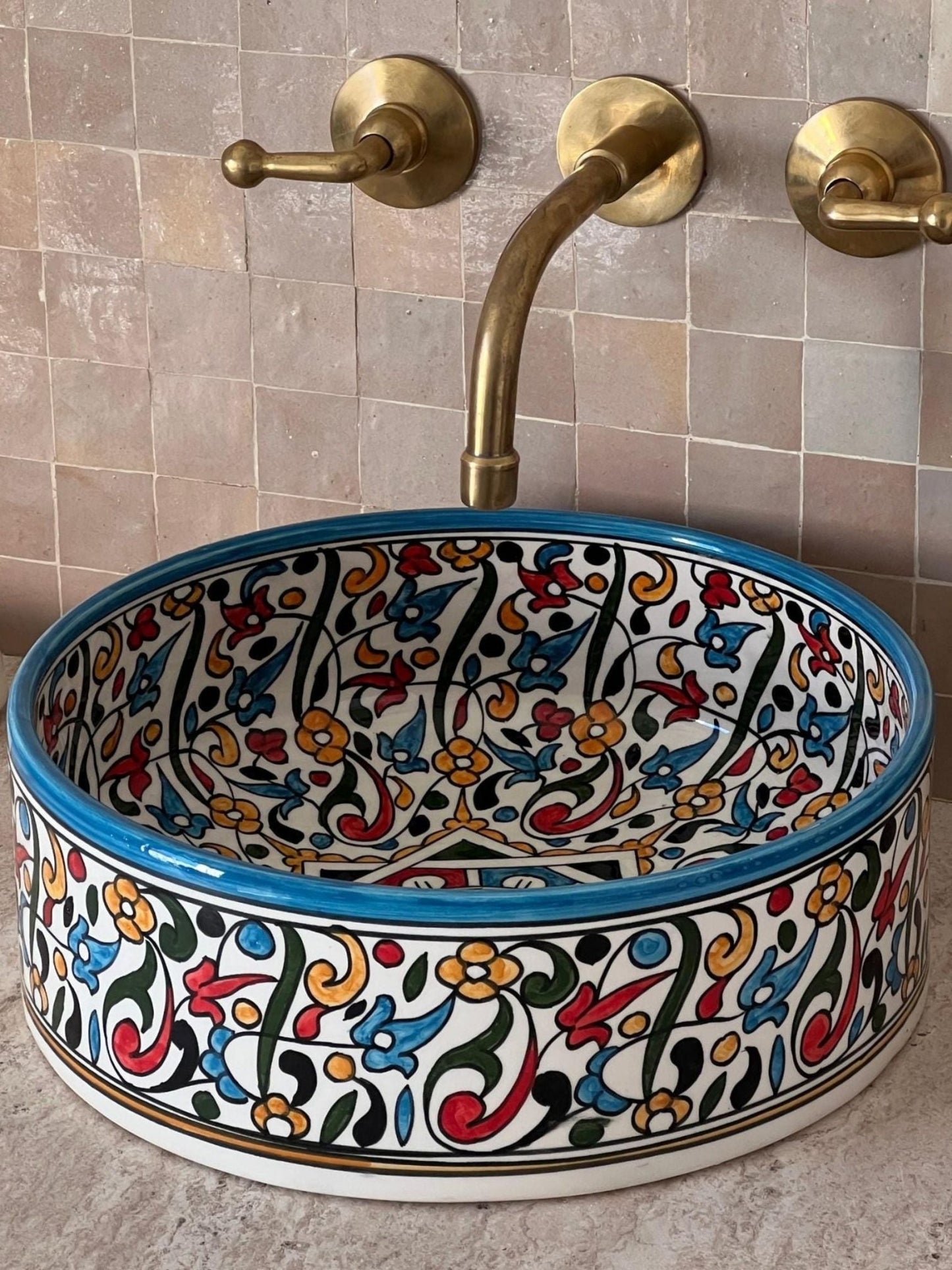 Agadir - Handmade Moroccan Ceramic Sink – Colorful Floral Bathroom Vessel Sink - (ESEN) - OunizZ