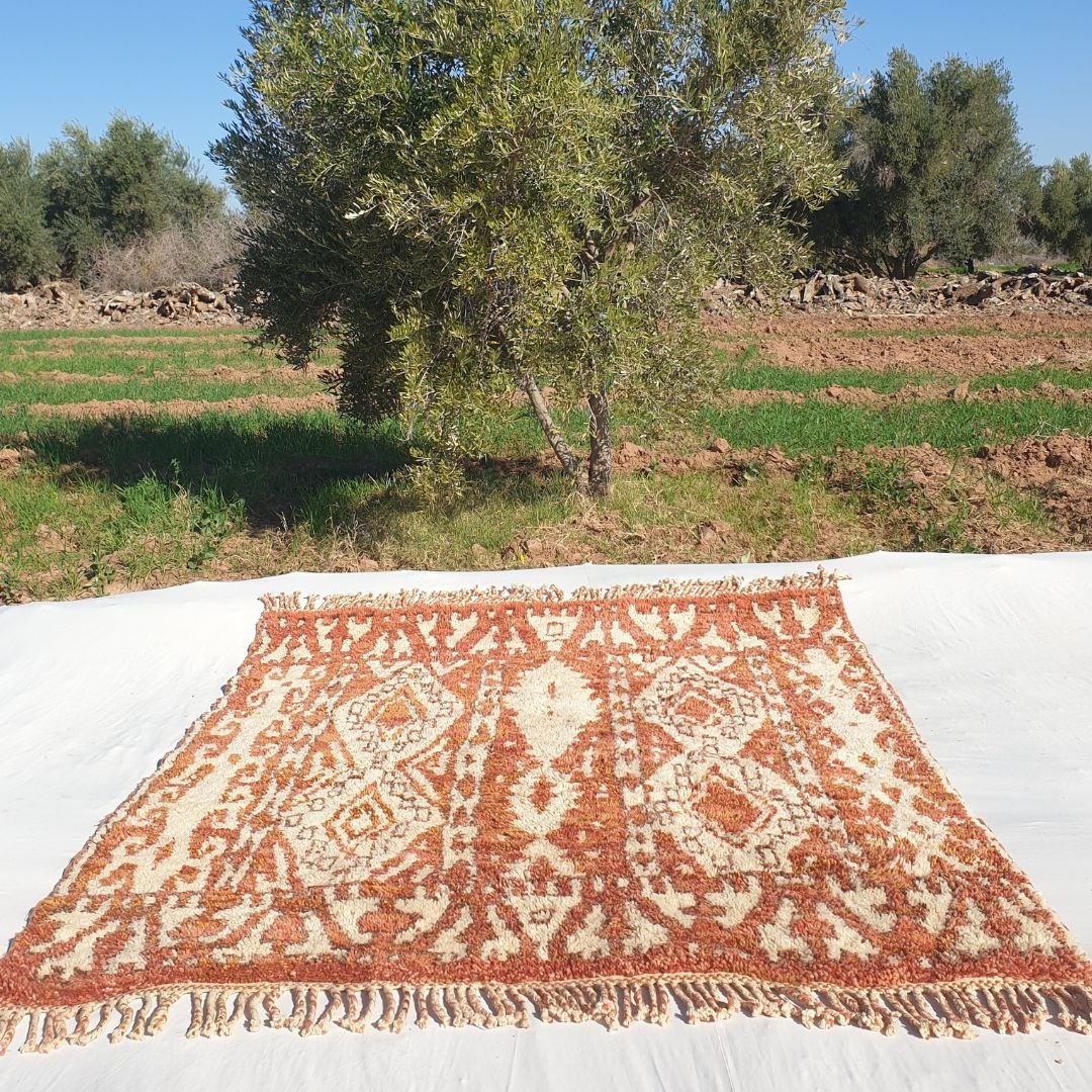 Agdal - Terracotta Moroccan Rug Beni Mrirt Luxurious Ultra Soft & Thick | Vintage - Style Newly Made Rug | 6'76x7'74 Ft | 206x236 cm - OunizZ