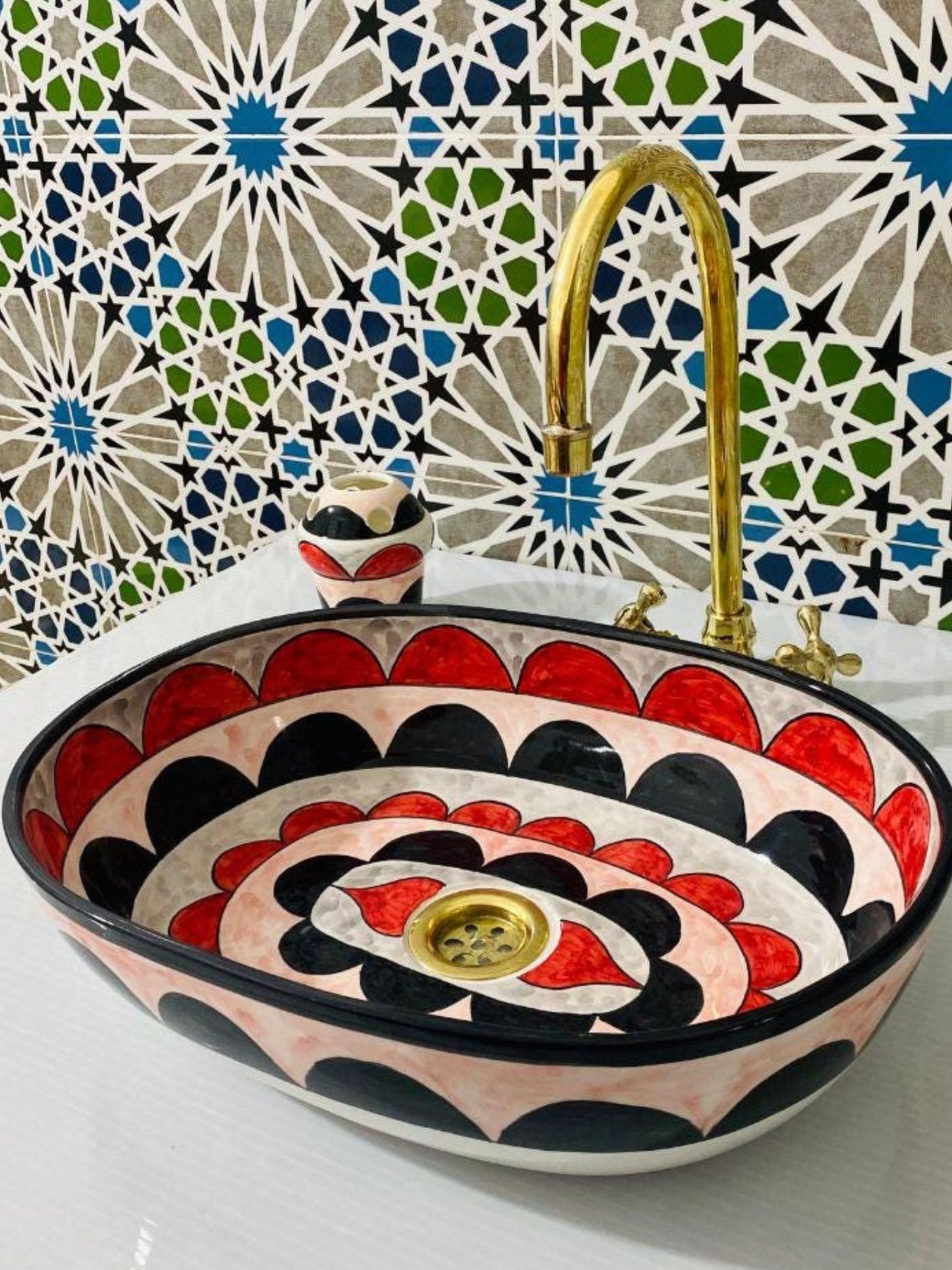 Amsterdam - Handmade Moroccan Oval Ceramic Sink – Red, Black, and White Top Counter Vessel Sink - (ETFS) - OunizZ