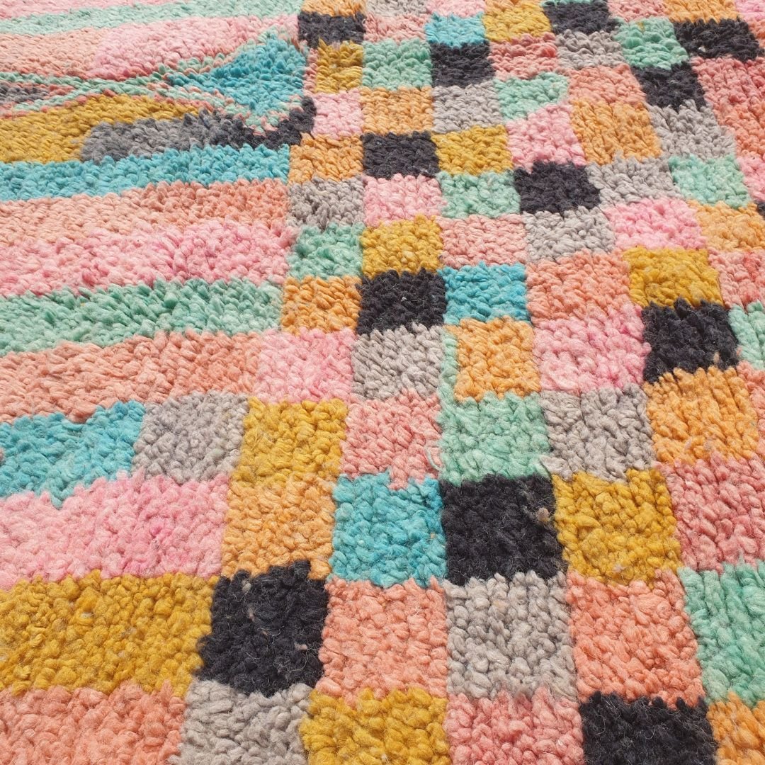 Benabia - Boujad 5x9 Rug Multicolored Checkered Wool Area Rug | 5'15x9'22 Ft | 157x281 cm - OunizZ