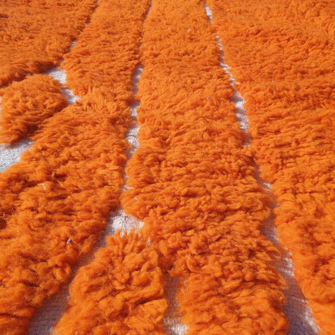 Berkana | Orange Beni Ourain Moroccan Rug 7x10 - High Pile Shag Plush Geometric | 7'09x10'07 Ft | 216x307 cm - OunizZ
