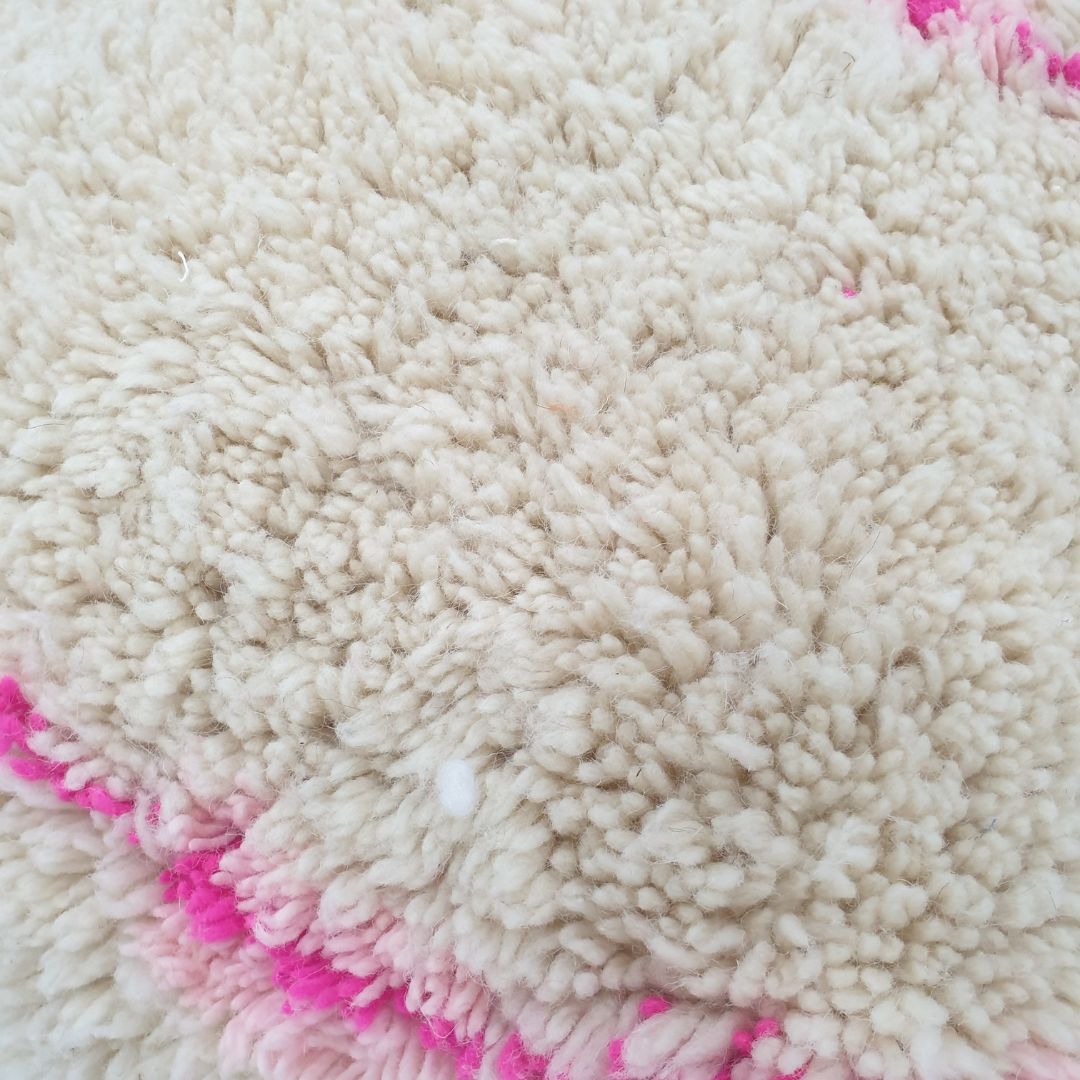 Boho Moroccan Wool Floor Cushion – White & Pink Plush Pouf 24x24x8 inch | 60x60x20 cm - OunizZ