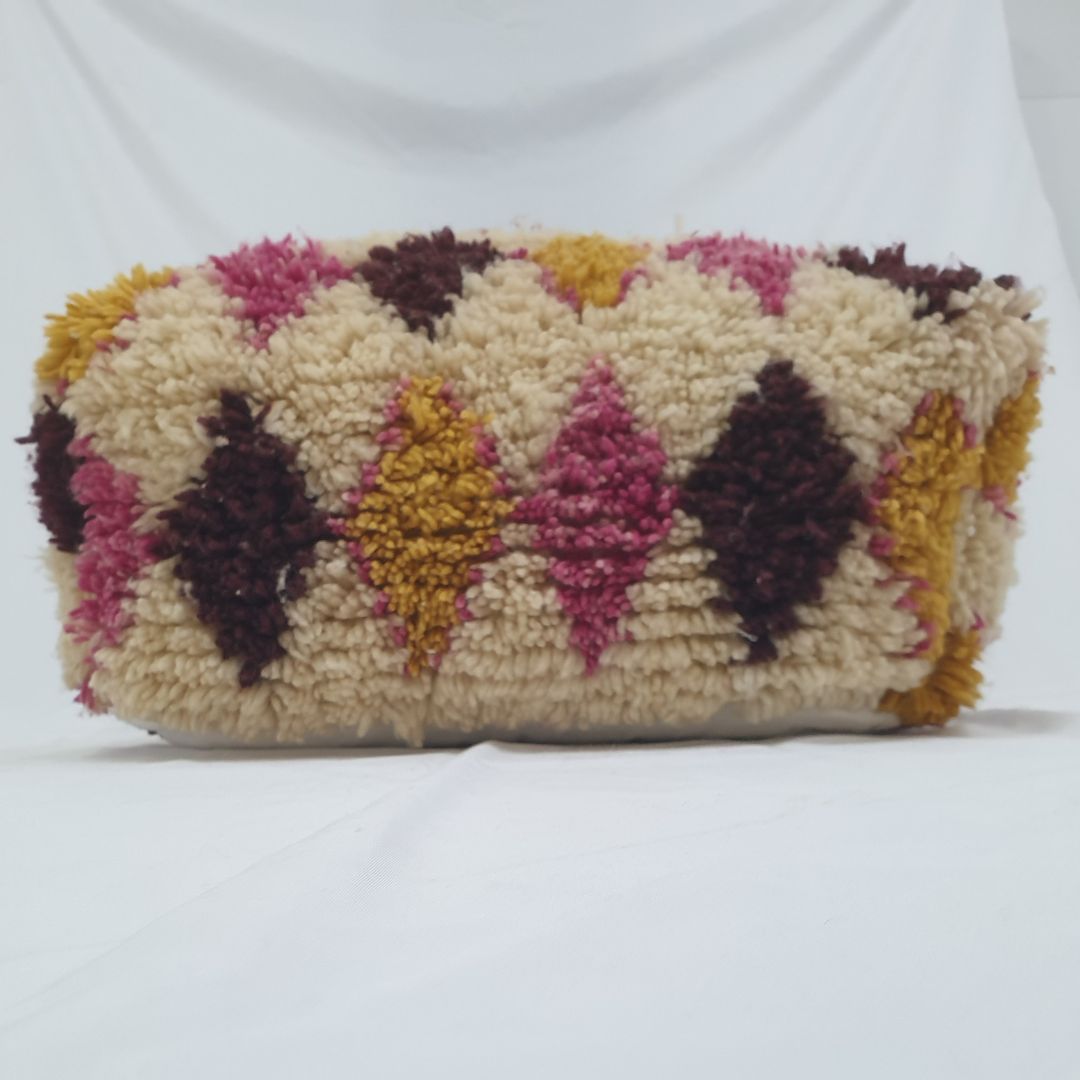 Bold Handwoven Beni Ourain Pouf – Pink Maroon Geometric Floor Cushion 24x24x8 inch | 60x60x20 cm - OunizZ