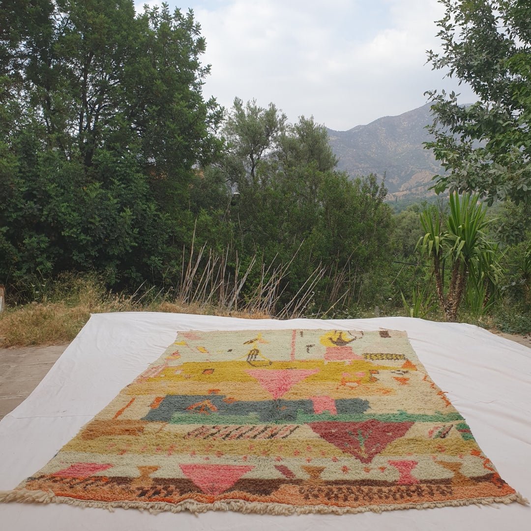 Faycha - Green & Mustard Moroccan Rug with Pictorial Abstract Design - Handwoven Berber Carpet | 6'4"x10'1" Ft | 193x308 cm - OunizZ