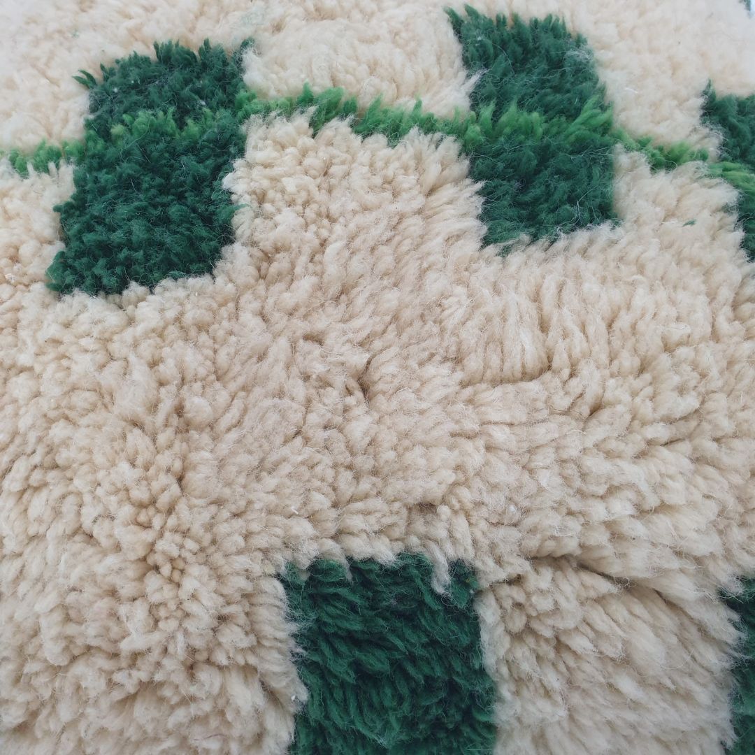 Handmade Moroccan Wool Floor Cushion – Cream Plush Pouf with Green Geometric Patterns 24x24x8 inch | 60x60x20 cm - OunizZ
