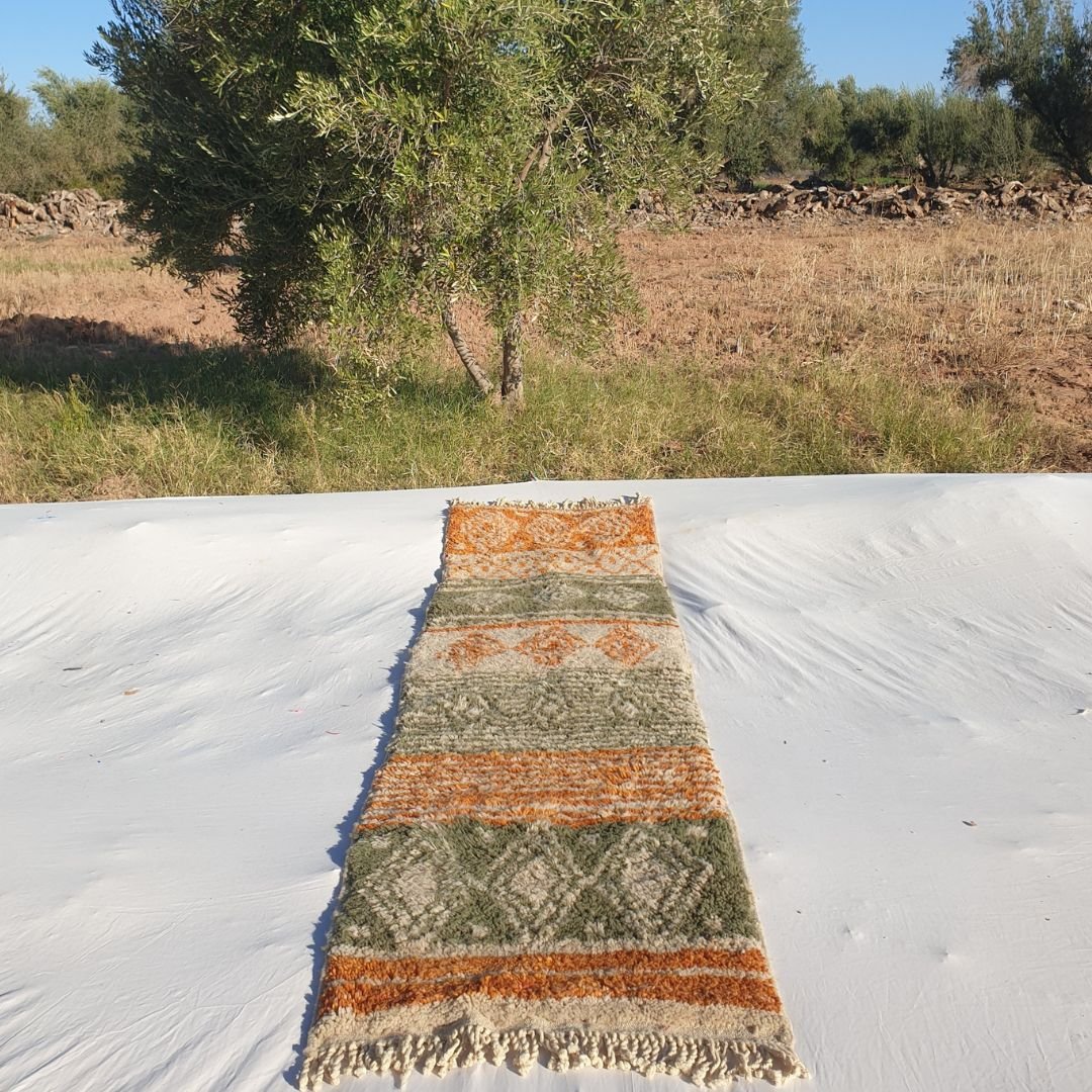 Karda Runner | Orange & Olive Green Moroccan Beni Mrirt Runner Rug Luxurious Ultra Soft and Thick | Colorful Hallway Runner | 2'62x9'38 Ft | 80x286 cm - OunizZ