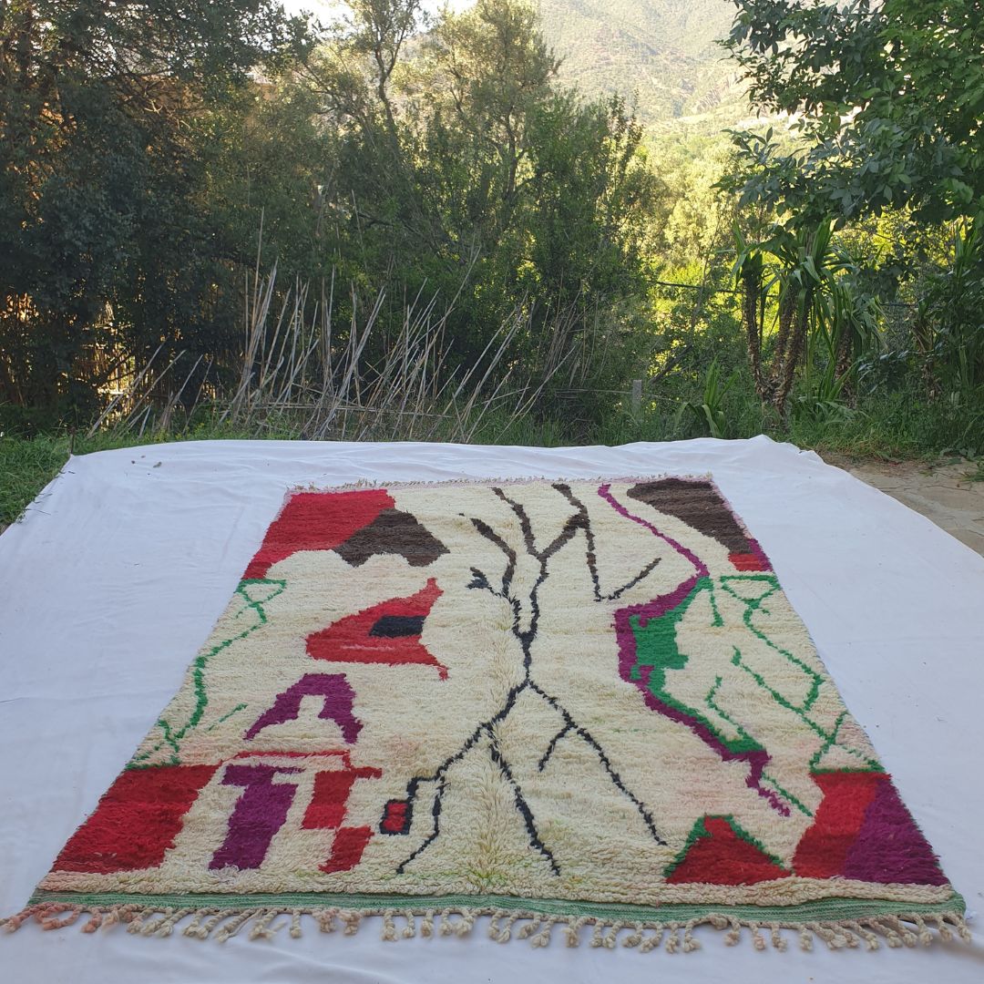 Laaqo – 6x10 Moroccan Rug – Ivory Boujad Berber Handwoven Wool Carpet with Black Tree & Colourful Tribal Shapes | 6'3"x10'1" Ft | 191x308 cm - OunizZ