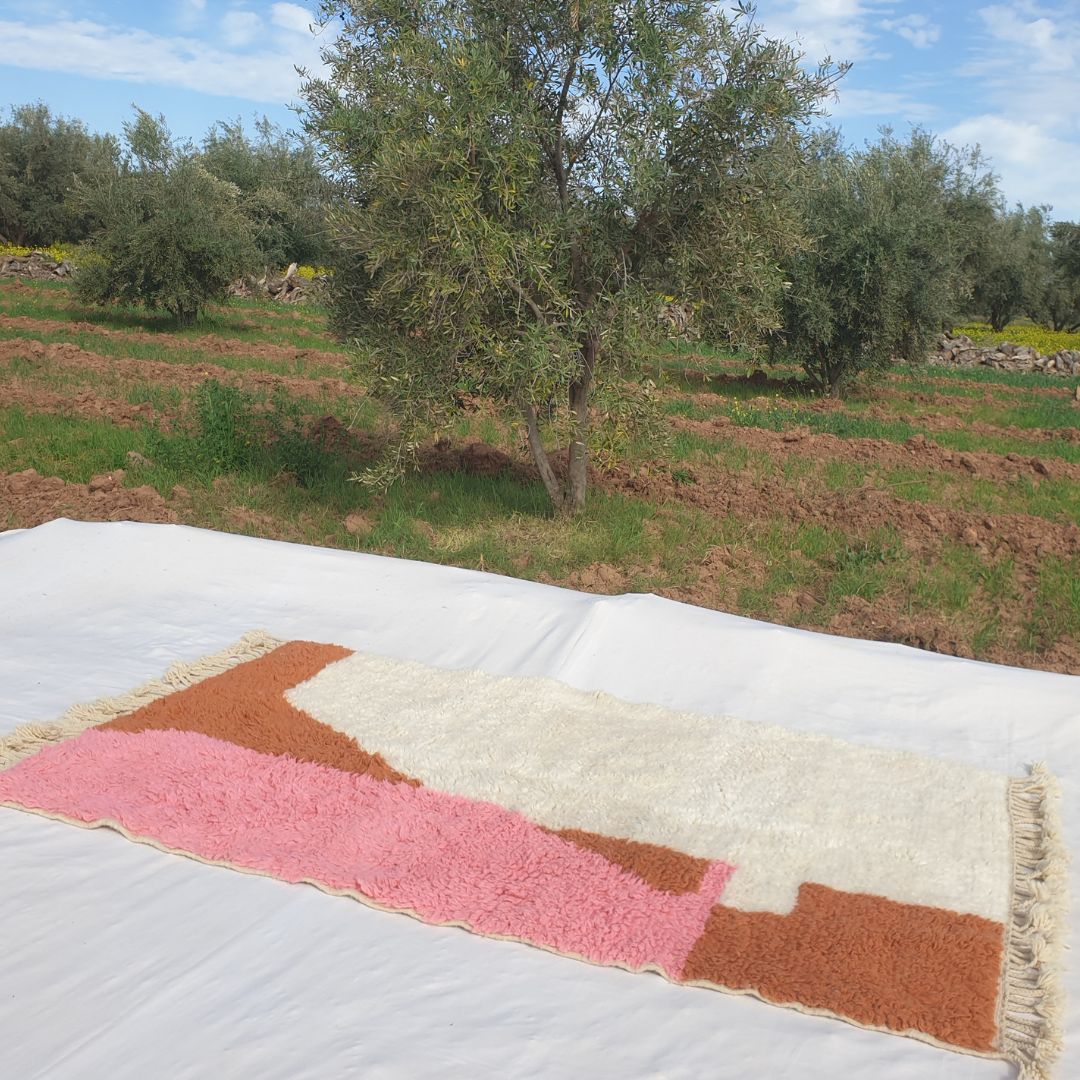 Lhana | 5x8 Beni Ourain Moroccan Rug - Super Soft Ivory Plush Shag with Pink & Orange Abstract Blocks Wool Berber Carpet | 5'1"x8'6" ft | 155x261 cm - OunizZ