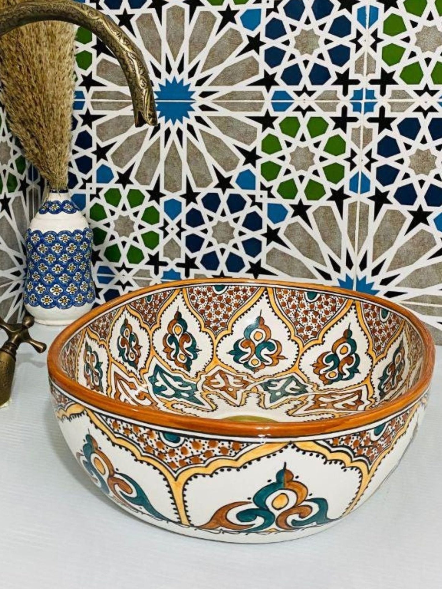 Madrid - Handmade Moroccan Oval Ceramic Sink – Teal and Orange Top Counter Vessel Sink - (ETFS) - OunizZ