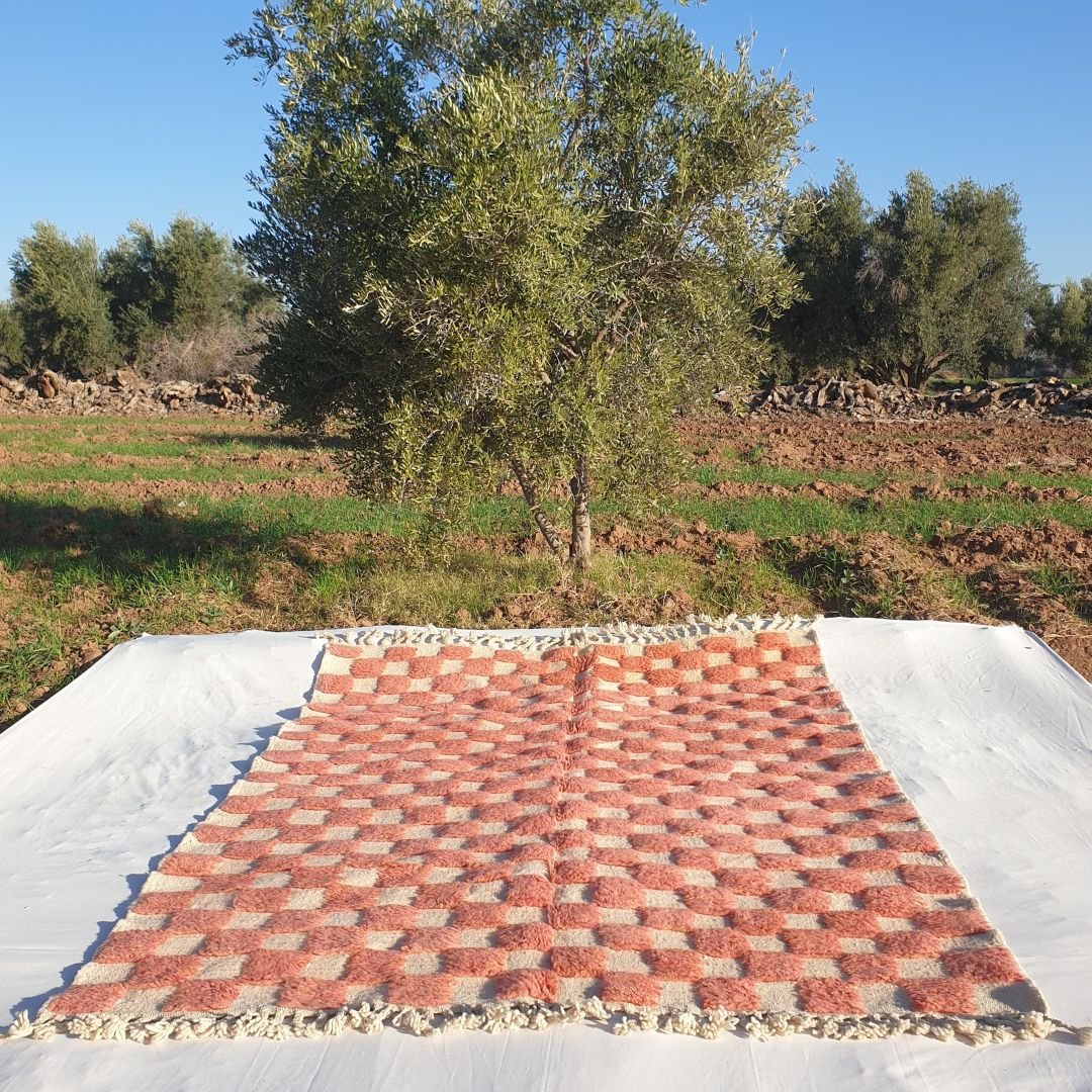 Rasheby | Pink Checkered 6x9 Moroccan Rug Soft Beni Ourain | Berber Handmade Wool Carpet | 6'56x9' Ft | 200x274 cm - OunizZ