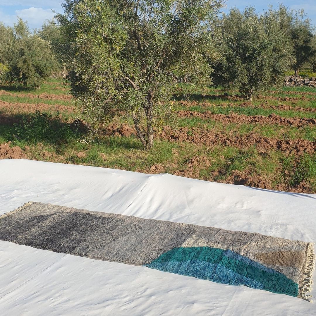 Rouya Runner | Luxurious 3x9 Beni Mrirt Moroccan Runner Rug - Teal Plush Wool Berber Hallway Carpet | 3'1"x9'8" Ft | 94x295 cm - OunizZ