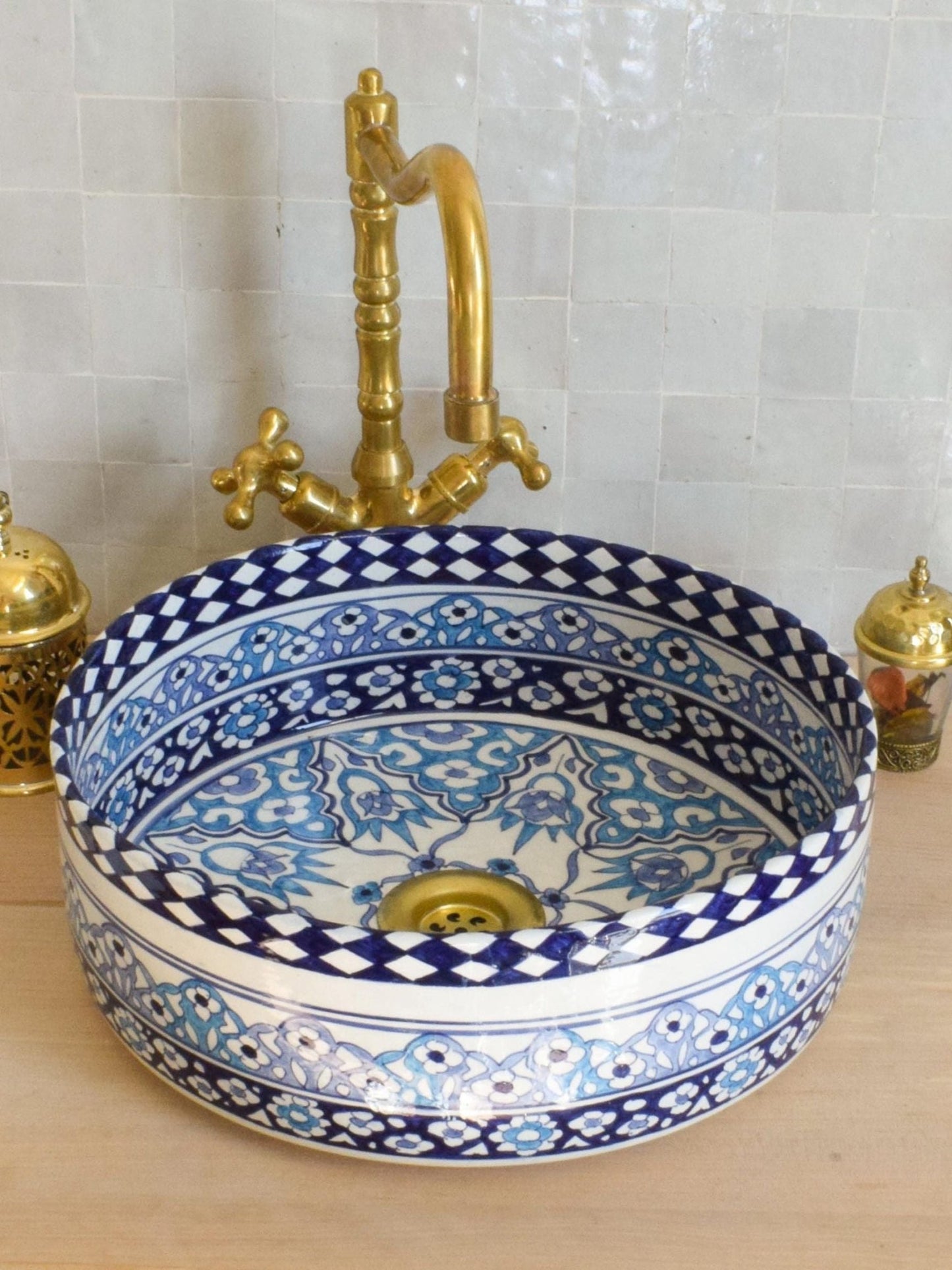 Sevilla - Hand - painted Blue Round Vanity Sink – Handmade Ceramic Bathroom Basin - (ETAT) - OunizZ