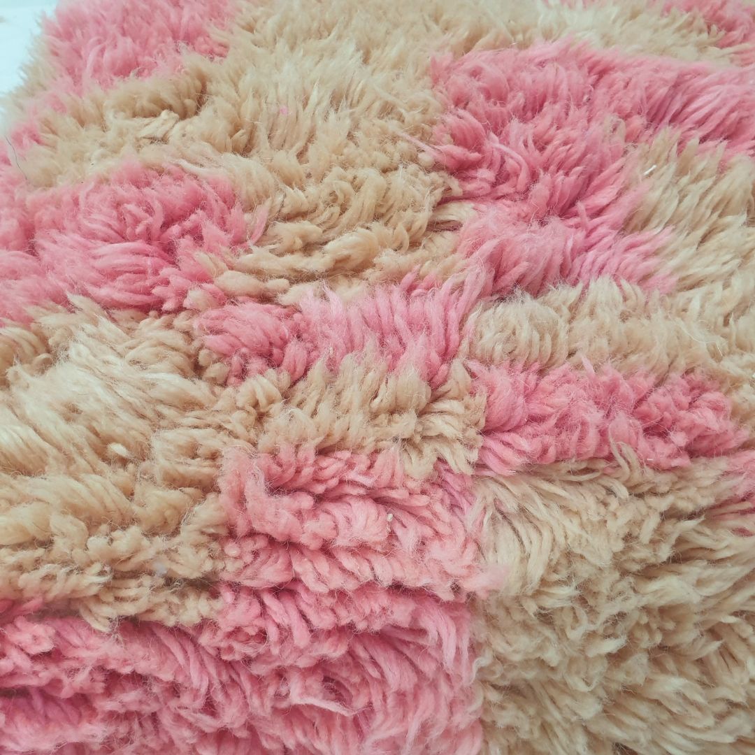 Shaggy Moroccan Wool Floor Cushion – Pink & Beige Plush Pouf 24x24x8 inch | 60x60x20 cm - OunizZ