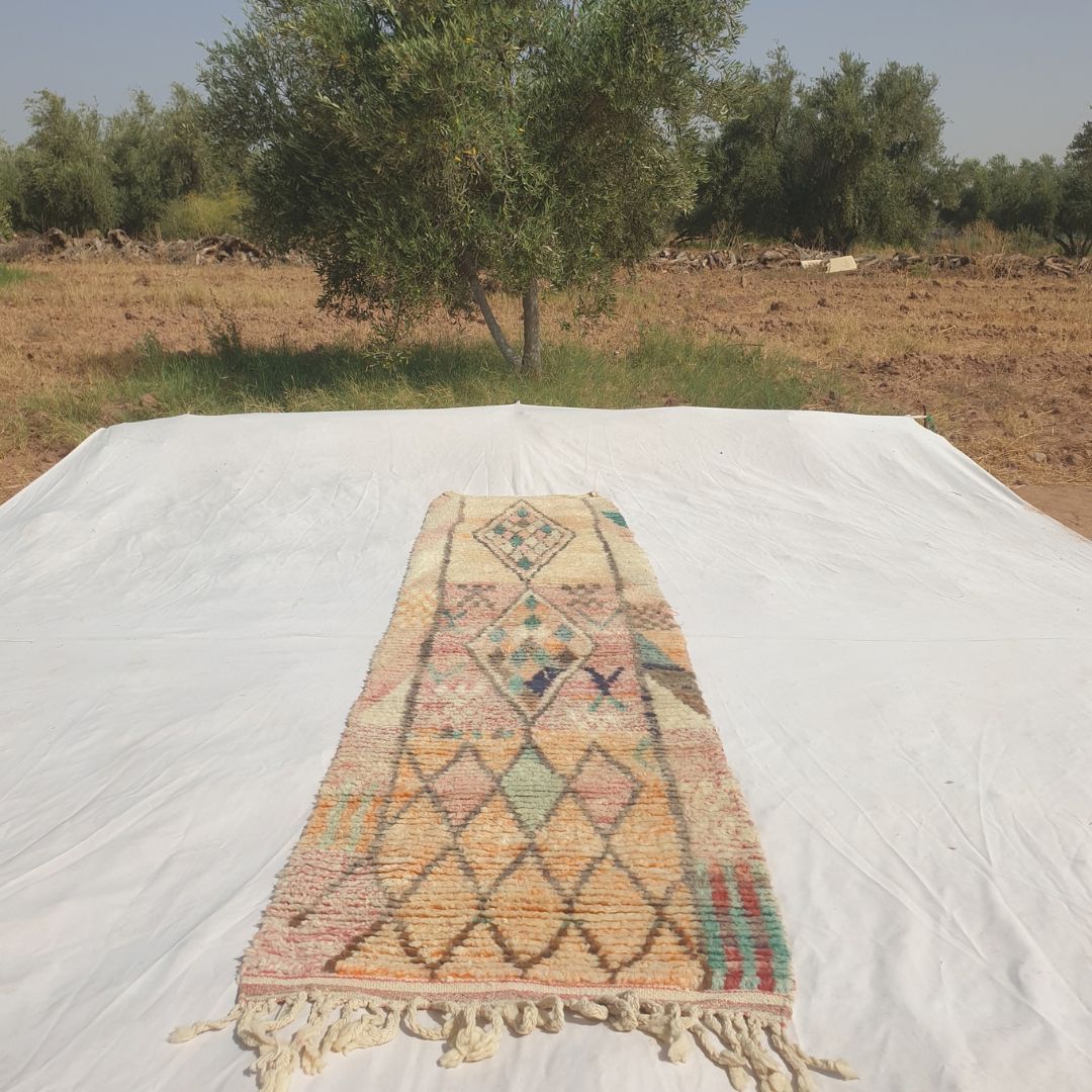 Skhala - Cream Moroccan Runner Rug with an Airy Pastel Diamond Lattice and Small Hand-Drawn Motifs - Handwoven Berber Carpet | 2'6"x9'10" Ft | 77x300 cm - OunizZ