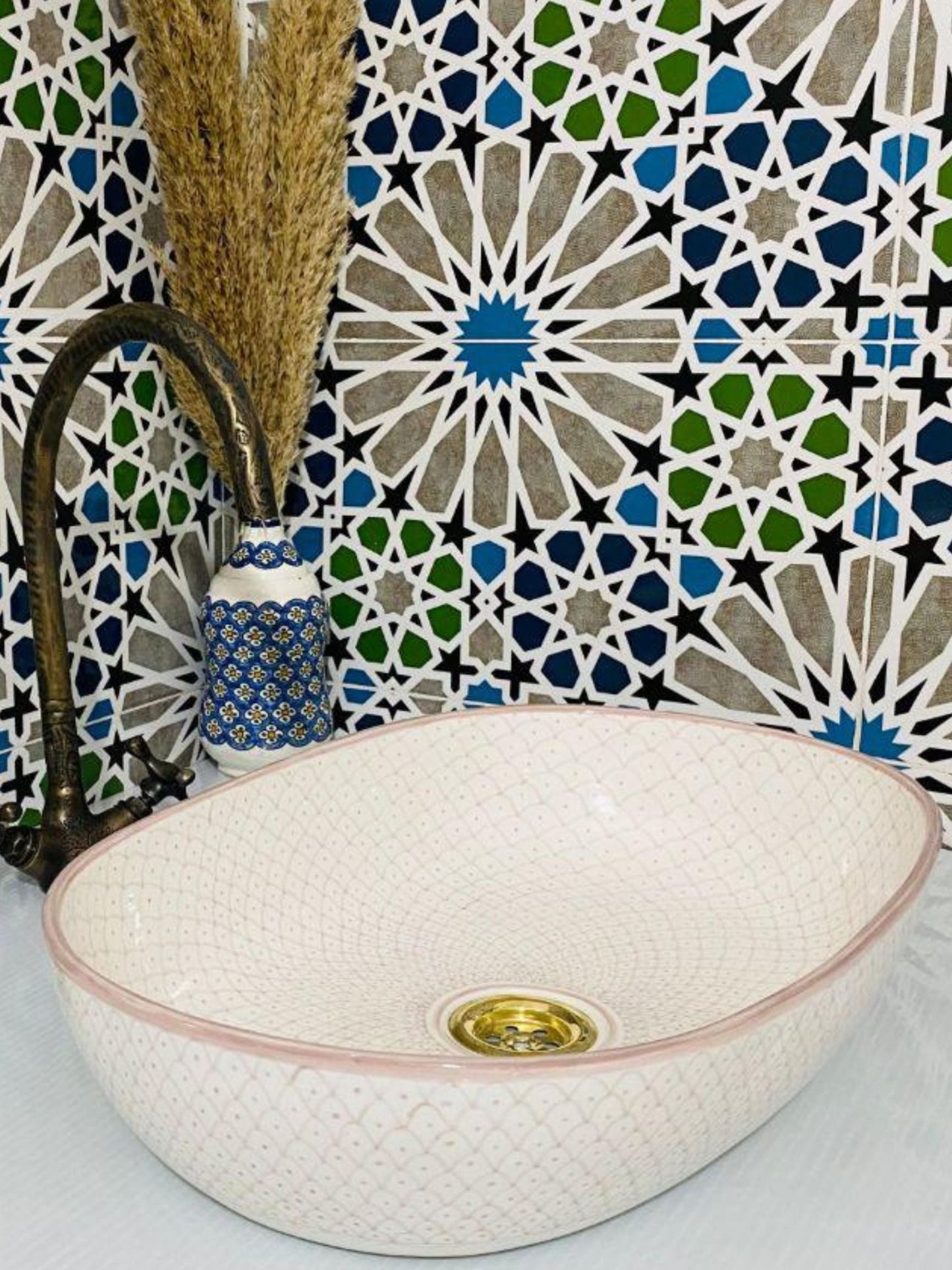 Stockholm - Handmade Moroccan Oval Ceramic Sink – Minimal Pink Rim Top Counter Vessel Sink - (ETFS) - OunizZ