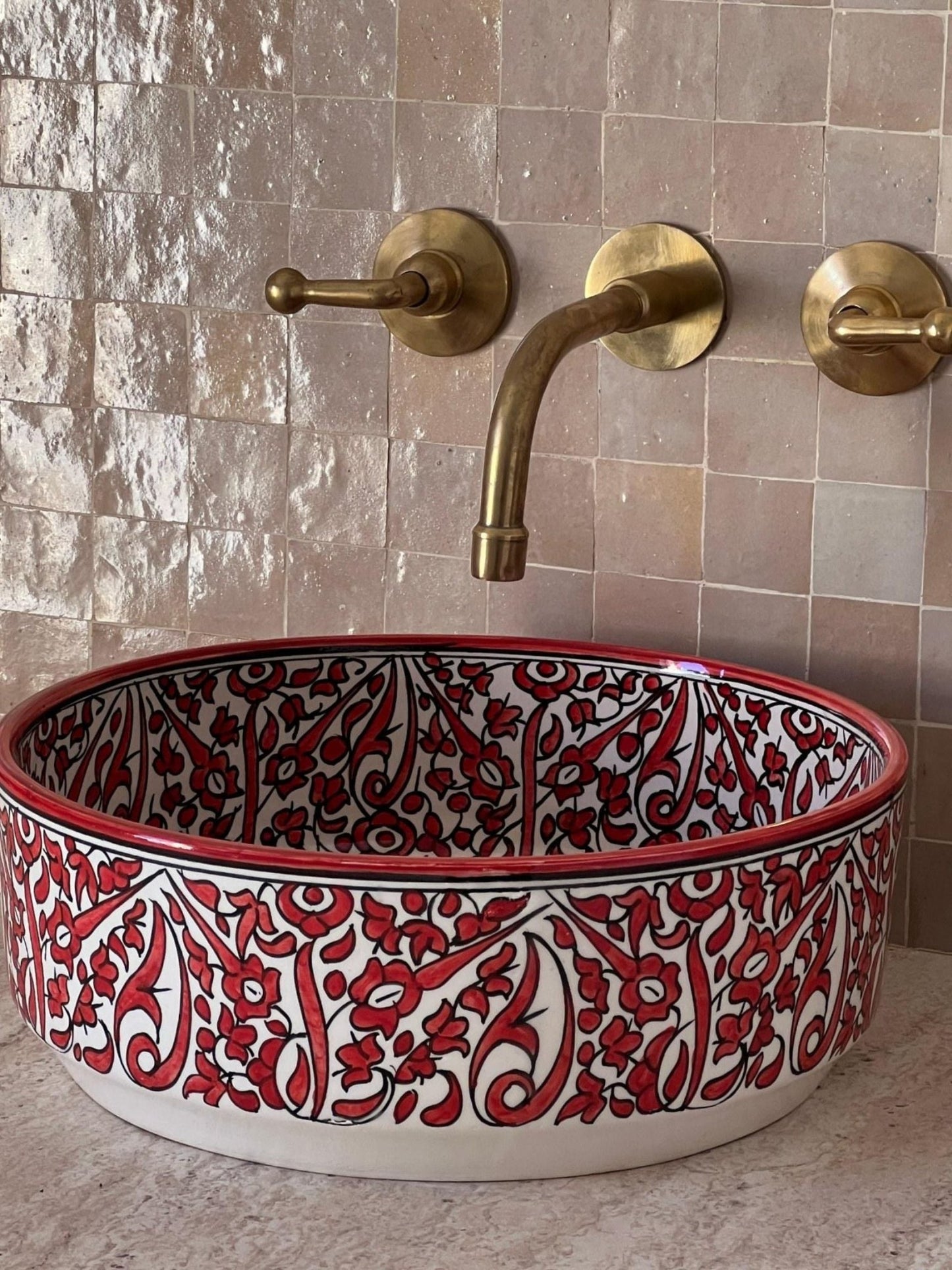 Tangier - Handmade Moroccan Ceramic Sink – Red and White Floral Bathroom Vessel Sink - (ESEN) - OunizZ