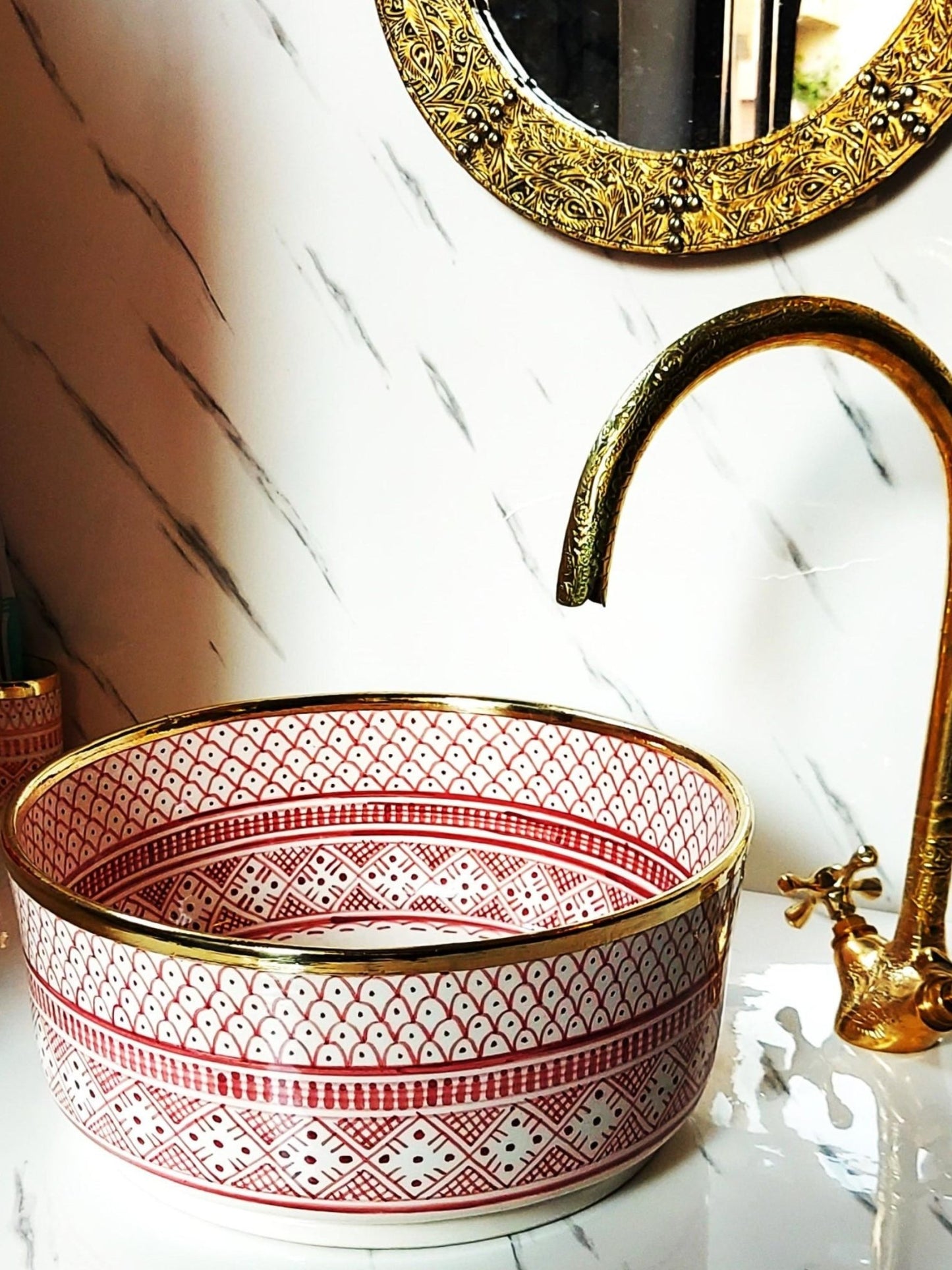 Tata - Red Round Bathroom Sink with Brass Rim – Elegant, Hand - painted, Customizable, and Lead - Free - (ETAFS) - OunizZ