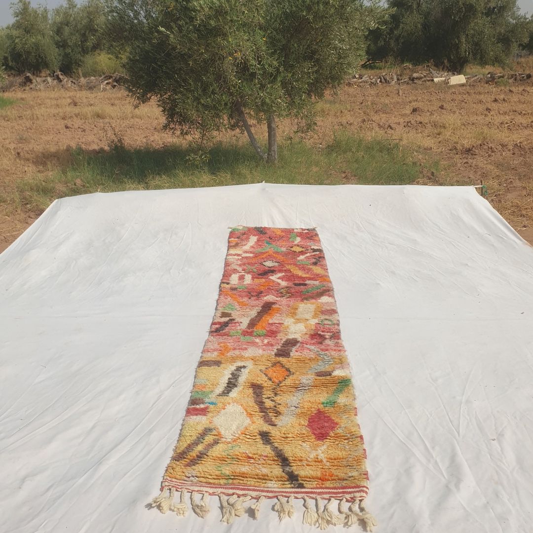 Tayrya - Slim Red and Mustard Moroccan Runner Rug with Scattered Symbols and Colourful Marks - Handwoven Berber Carpet | 2'2"x10'6" Ft | 68x322 cm - OunizZ