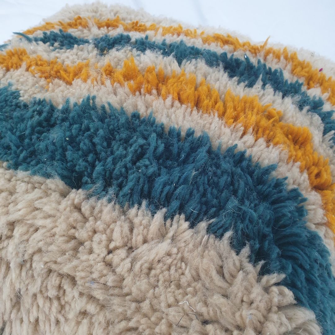 Trendy Handmade Moroccan Pouf – Striped Teal Floor Cushion 24x24x8 inch | 60x60x20 cm - OunizZ
