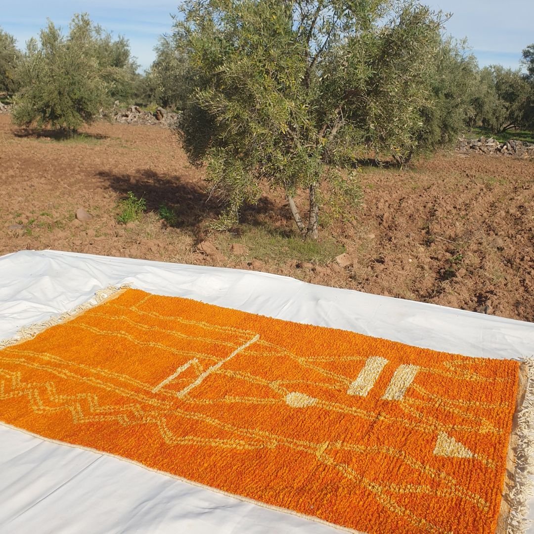 Trigia | Handmade Boujad Rug 6x10 ft – Vibrant Orange & Yellow Abstract Geometric Moroccan Wool Carpet | 6'5"x10'2" ft | 196x309 cm - OunizZ
