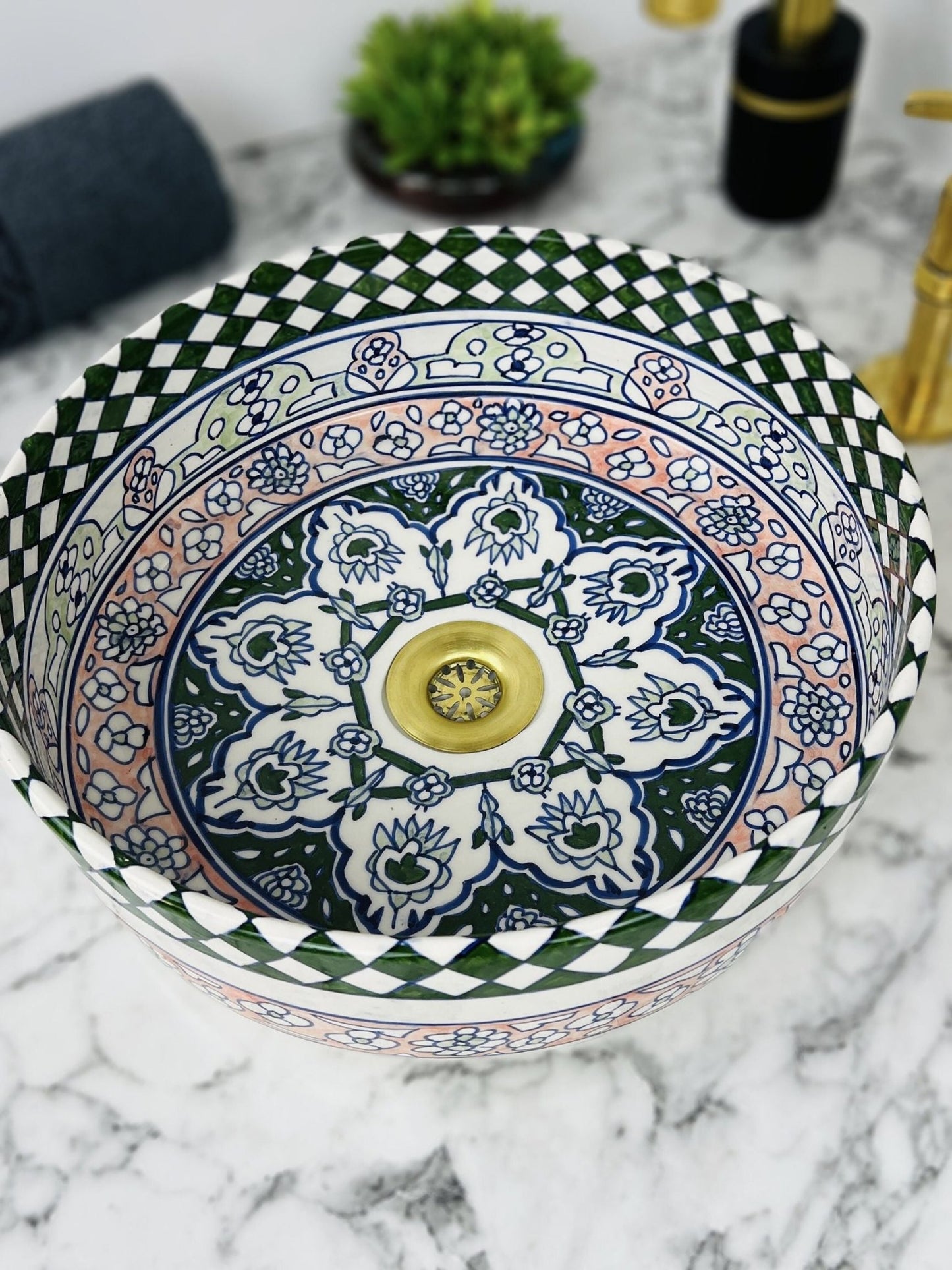 Valencia - Handmade Moroccan Ceramic Sink – Green and Peach Patterned Bathroom Vessel Sink - (ETMMT) - OunizZ