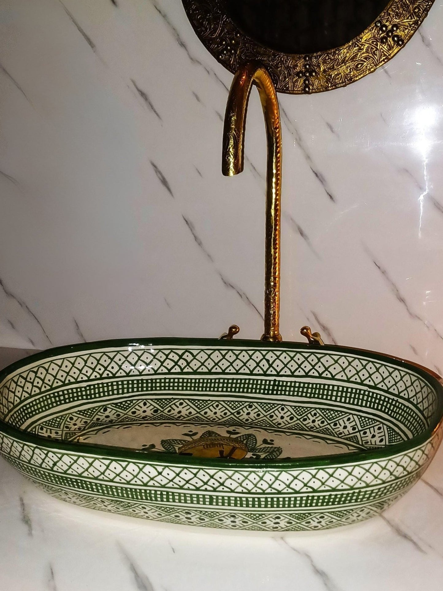 Vienna - Handmade Moroccan Oval Ceramic Sink – Green Geometric Top Counter Vessel Sink - (ETAFS) - OunizZ