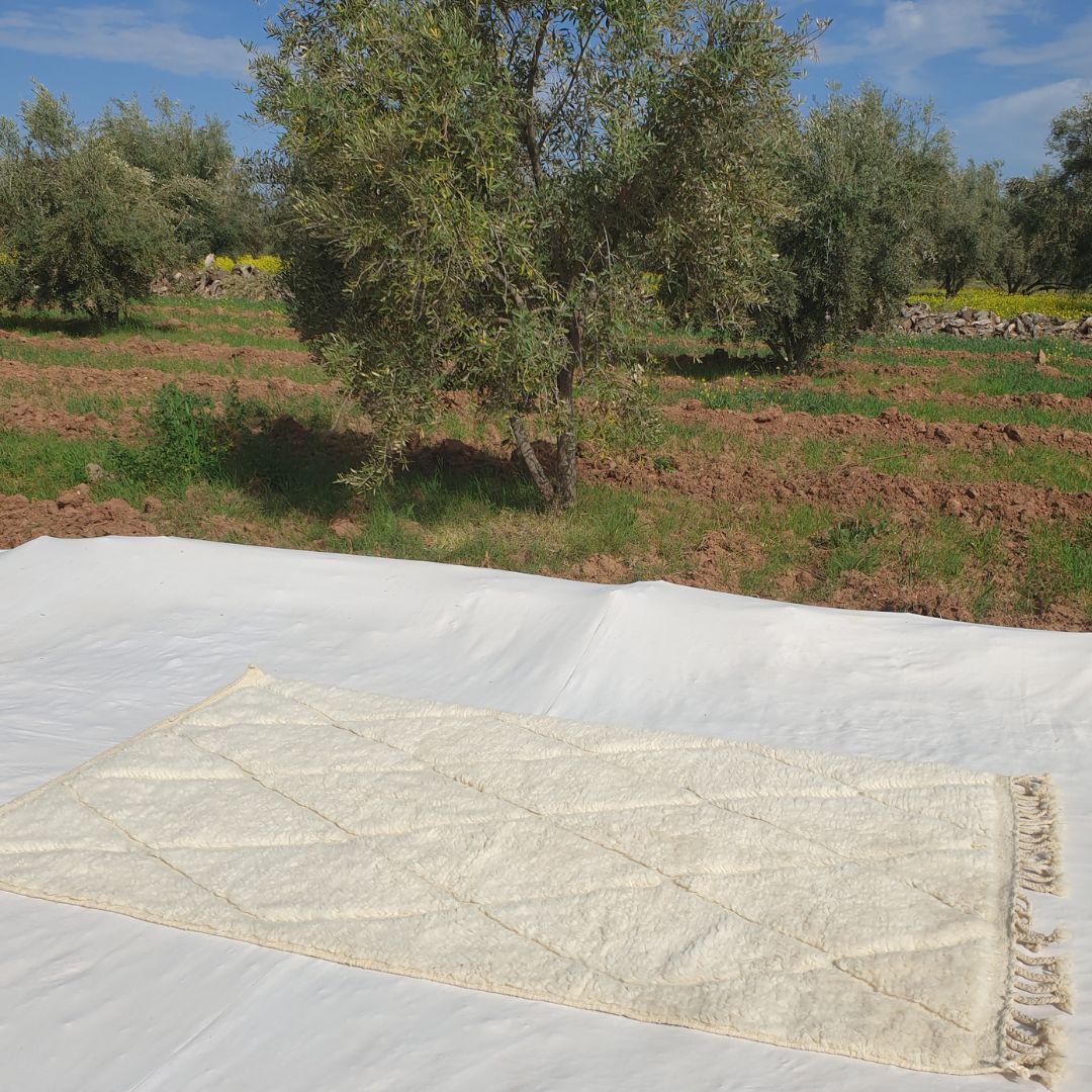 Walsa | 5x8 Beni Ourain Moroccan Rug - Super Soft Pure White Plush Shag with Diamond Grid Lattice Wool Berber Carpet | 4'11"x8'4" ft | 151x255 cm - OunizZ