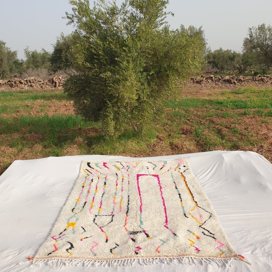 Sayam - Moroccan Rug 6x10 White Azilal | Authentic Berber Moroccan Living room Rug | Handmade 100% Wool Rug | 305x202 cm | 10x6'62 ft - OunizZ