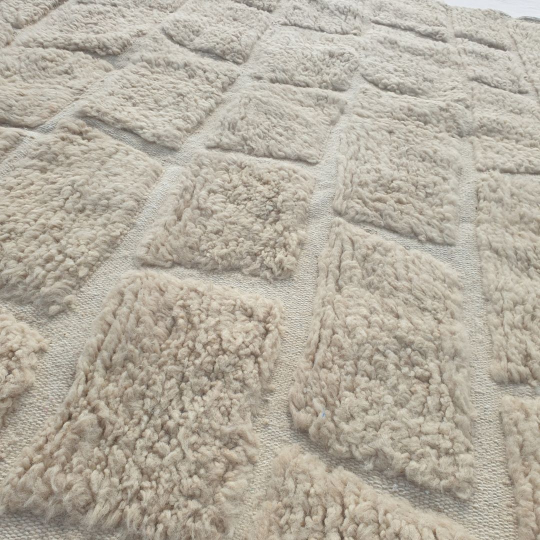 Yabre - Ivory Beni Ourain Rug - Brick Cobblestone Carved Relief Moroccan Berber Carpet | 6'7"x10'3" Ft | 201x314 cm