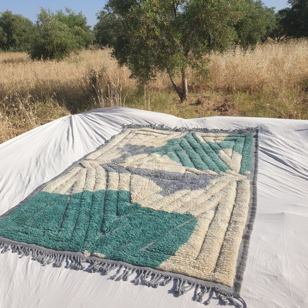 Imitaz - 6x9 Moroccan Rug - Luxurious Beni Mrirt Teal Green Cream Geometric Handwoven Wool Carpet | 6'8"×9'7" Ft | 203×294 cm