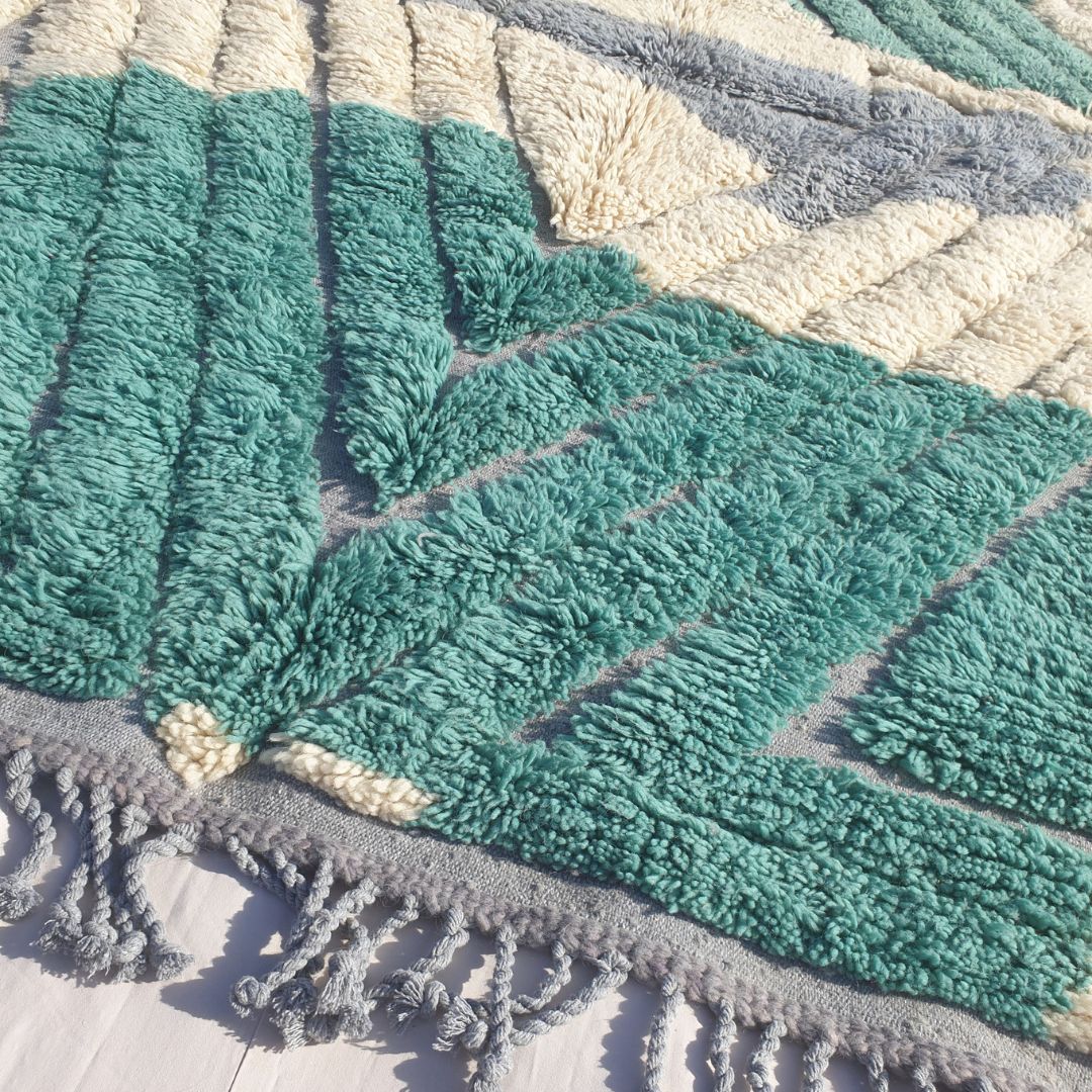Imitaz - 6x9 Moroccan Rug - Luxurious Beni Mrirt Teal Green Cream Geometric Handwoven Wool Carpet | 6'8"×9'7" Ft | 203×294 cm