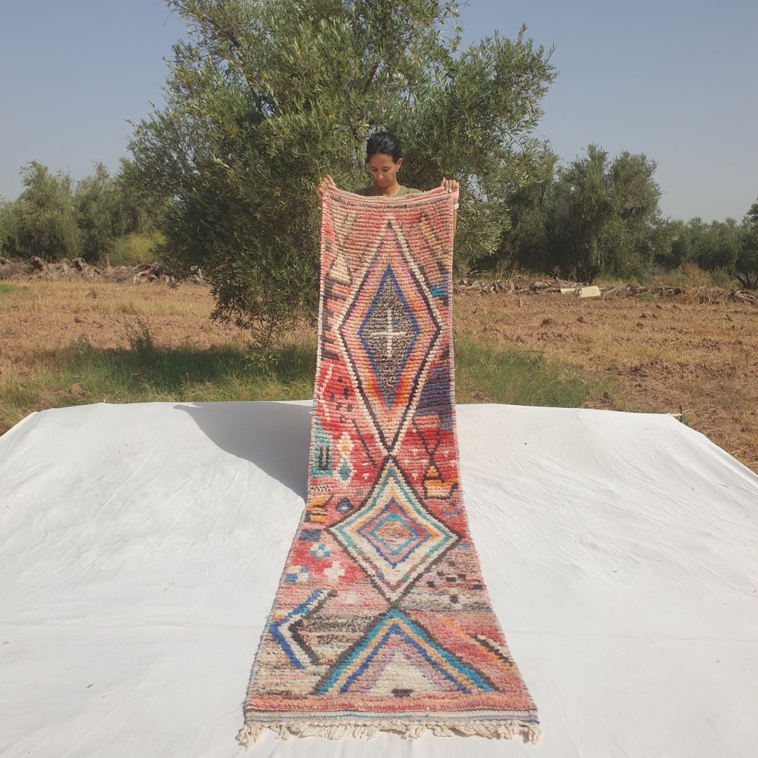 Jamasa - Vibrant Red, Turquoise and Pink Moroccan Runner Rug with Large Nested Diamond Medallions - Handwoven Berber Carpet | 2'2"x10'6" Ft | 68x320 cm