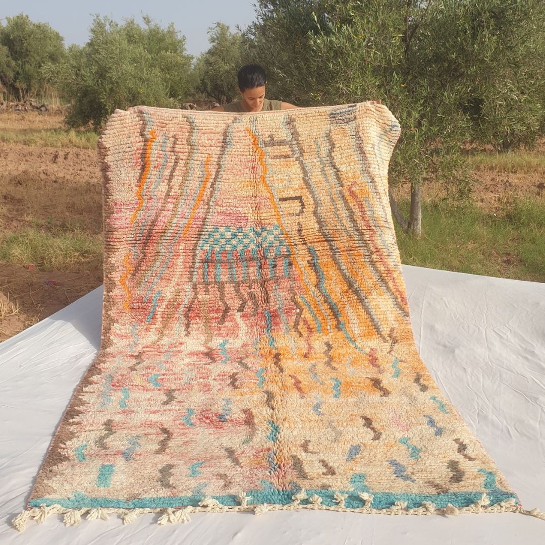 Yajina - Tapis Marocain Boujad Rose & Sarcelle avec Motif Chameau et Zigzag - Tapis Berbere Tisse Main | 186x306 cm