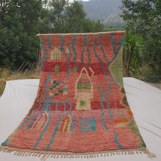 Conha - Tapis Marocain Turquoise & Corail avec Ligne Ondulee et Arches - Tapis Berbere Tisse Main | 190x310 cm