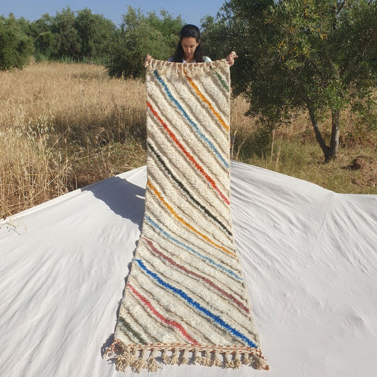Jonat - White Beni Ourain Runner Rug - Multicolor Diagonal Stripe Moroccan Berber Hallway Carpet | 2'4"x9'8" Ft | 73x296 cm