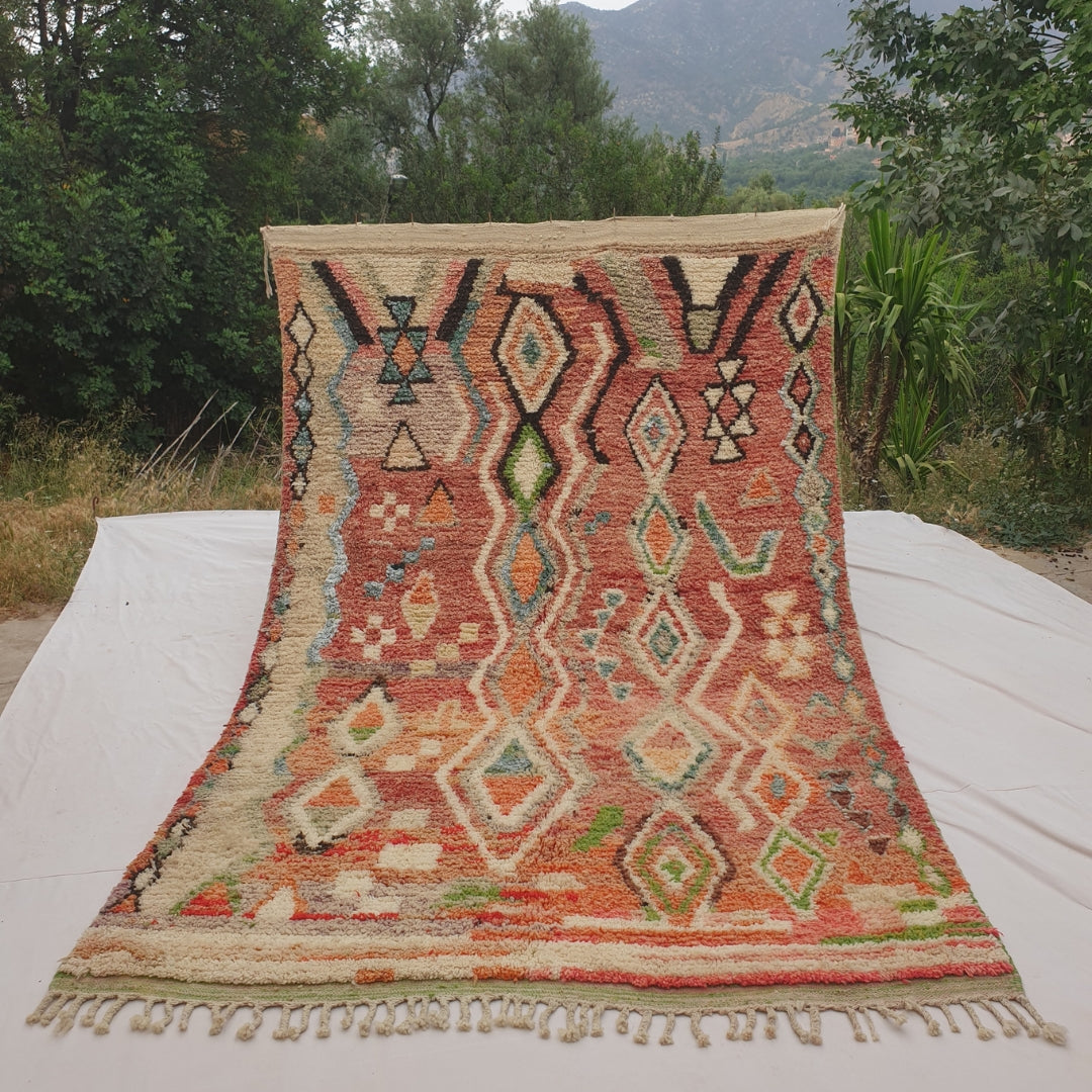Person holding up a terracotta Moroccan rug outdoors, displaying its 194x304 cm size - a warm rust and brick terracotta field with a classic all-over cream diamond lattice pattern, alternating lozenges filled with orange, sage green and soft teal