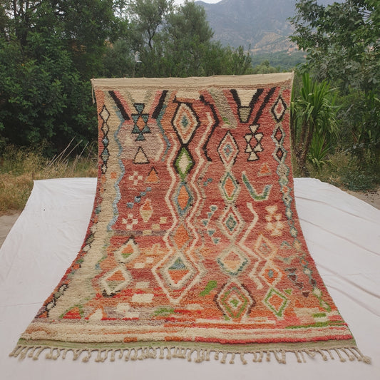 Person holding up a terracotta Moroccan rug outdoors, displaying its 194x304 cm size - a warm rust and brick terracotta field with a classic all-over cream diamond lattice pattern, alternating lozenges filled with orange, sage green and soft teal