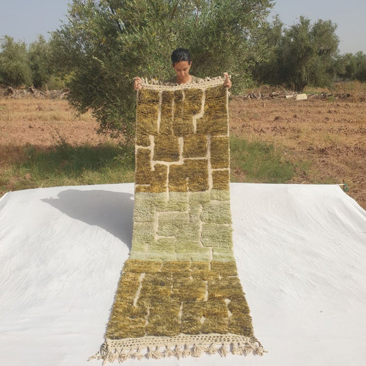 Tomania - Gron Beni Ourain Gangloeber med Mursten-Mosaik - Haandvaevet Berber Taeppe | 84x275 cm