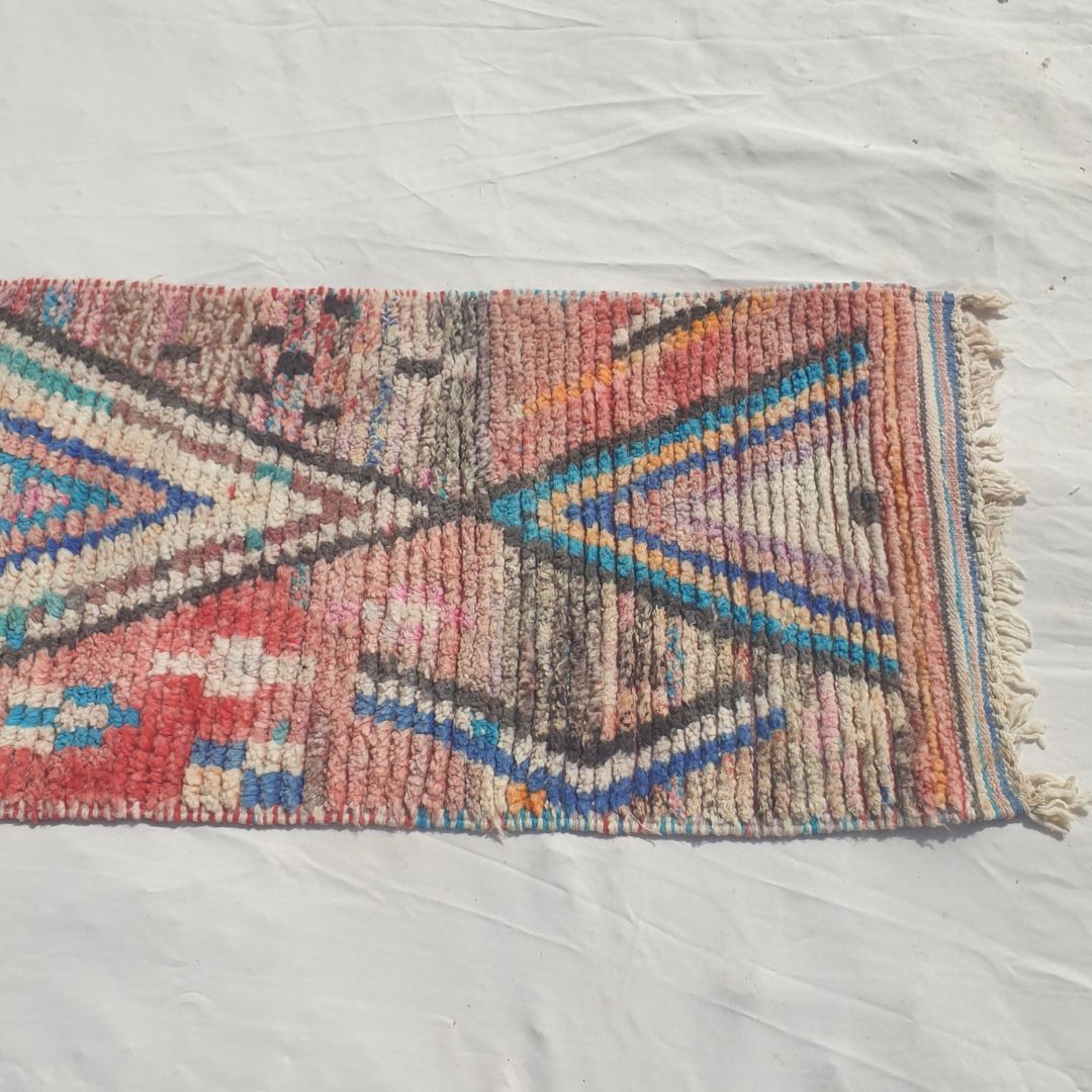 Jamasa - Vibrant Red, Turquoise and Pink Moroccan Runner Rug with Large Nested Diamond Medallions - Handwoven Berber Carpet | 2'2"x10'6" Ft | 68x320 cm