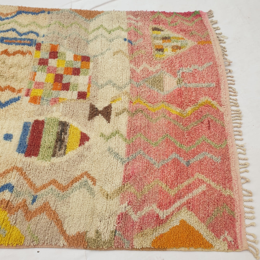 Mafna - Coral & Cream Moroccan Rug with Blue Zigzag Pattern - Handwoven Berber Carpet | 6'3"x10' Ft | 192x307 cm
