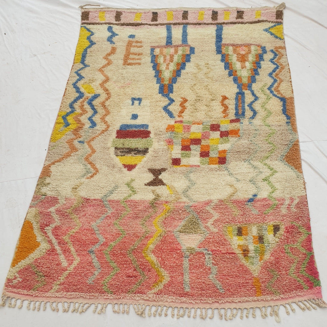Mafna - Coral & Cream Moroccan Rug with Blue Zigzag Pattern - Handwoven Berber Carpet | 6'3"x10' Ft | 192x307 cm