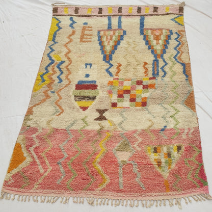 Mafna - Coral & Cream Moroccan Rug with Blue Zigzag Pattern - Handwoven Berber Carpet | 6'3"x10' Ft | 192x307 cm