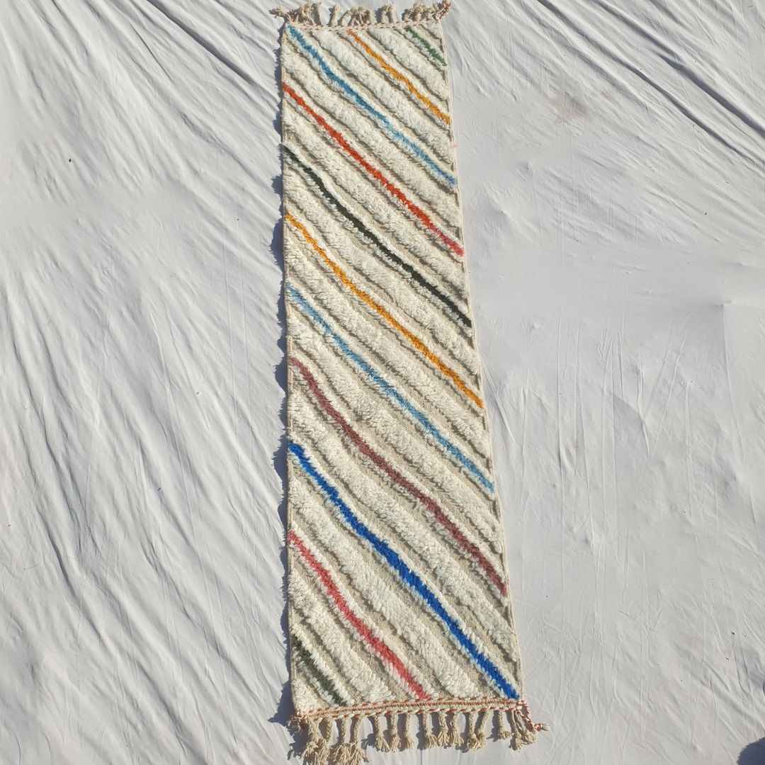 Jonat - Witte Beni Ourain Loper - Kleurrijke Diagonale Strepen Marokkaans Berber Gangkleed | 73x296 cm