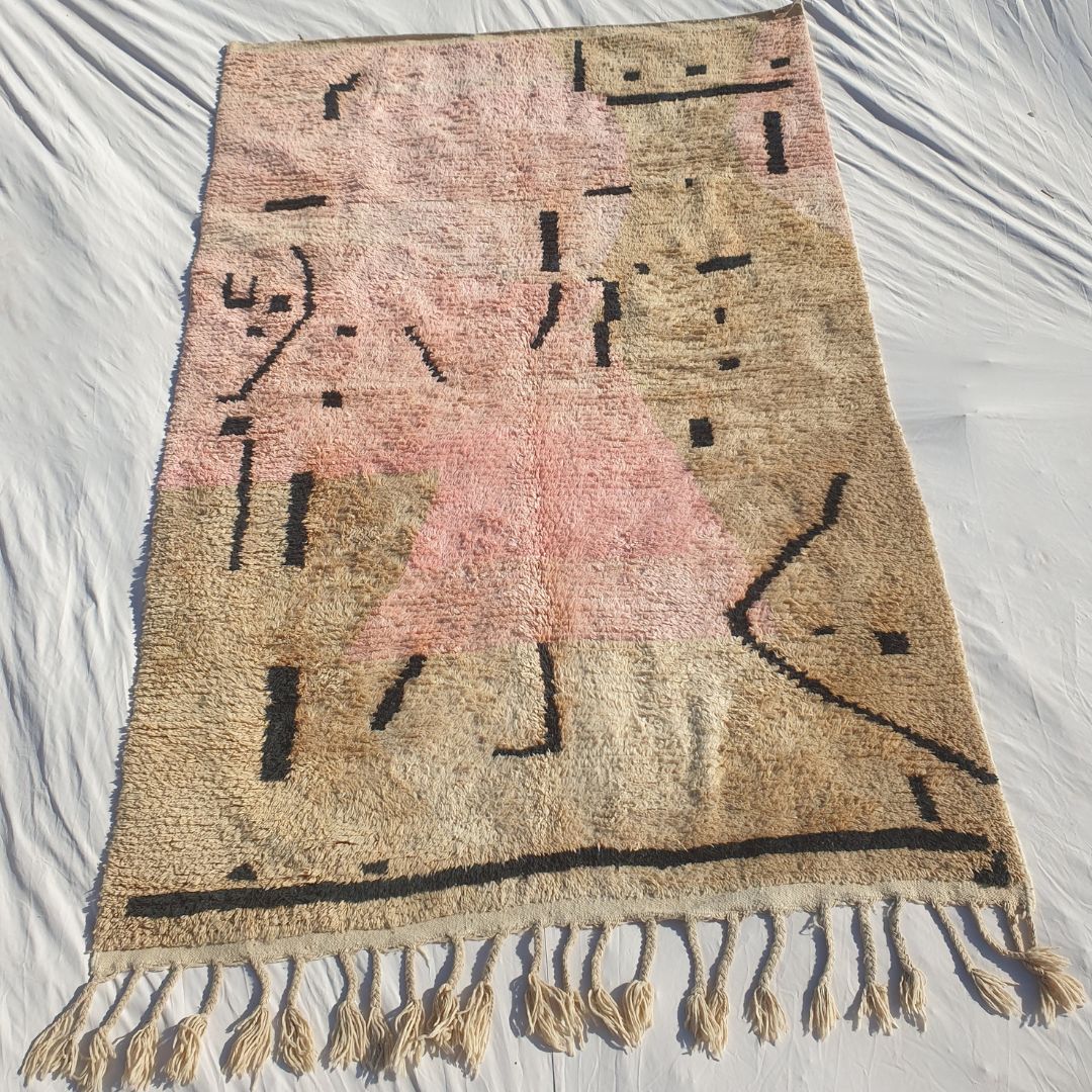 Samli - 6x9 Moroccan Rug - Sandy Beige Blush Boujaad Berber Tifinagh Script Handwoven Wool Carpet | 6'3"×9'8" Ft | 192×295 cm
