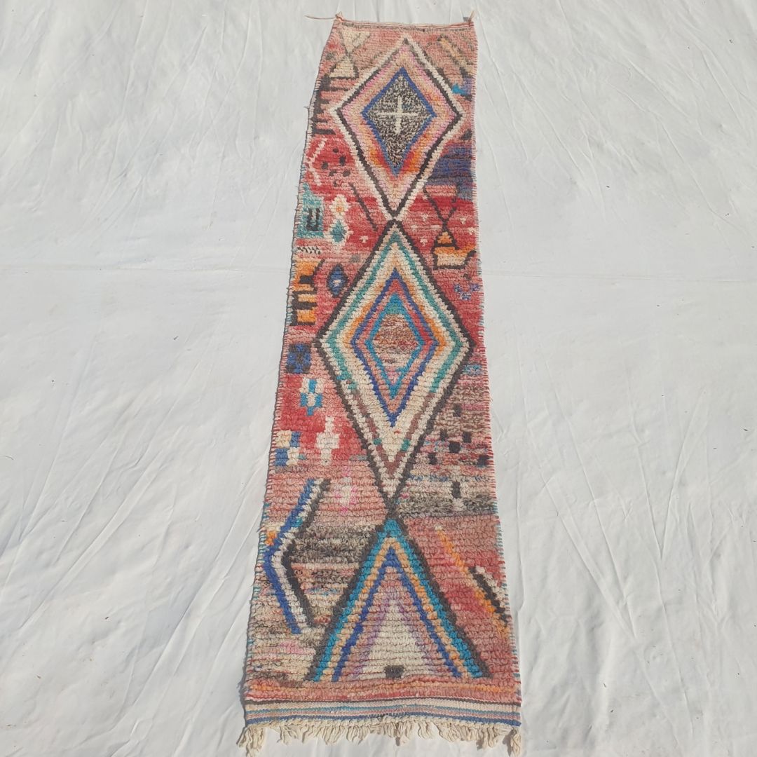 Jamasa - Vibrant Red, Turquoise and Pink Moroccan Runner Rug with Large Nested Diamond Medallions - Handwoven Berber Carpet | 2'2"x10'6" Ft | 68x320 cm