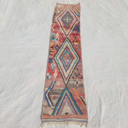 Jamasa - Vibrant Red, Turquoise and Pink Moroccan Runner Rug with Large Nested Diamond Medallions - Handwoven Berber Carpet | 2'2"x10'6" Ft | 68x320 cm