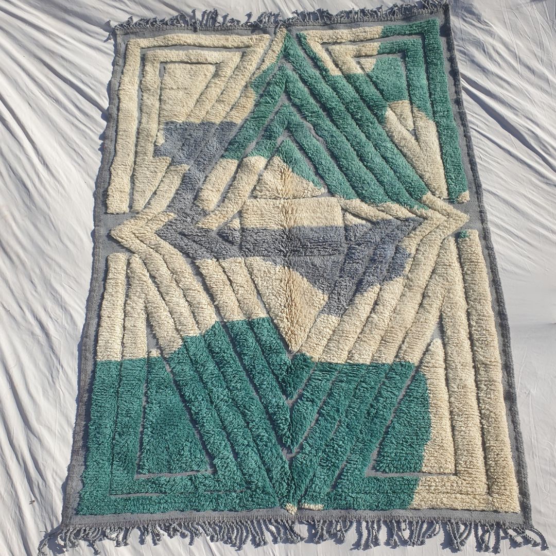 Authentic Beni Mrirt Moroccan rug 203×294 cm laid flat — bold architectural geometric design with teal emerald green concentric diamond and rectangular frames on cream ivory background with grey lavender triangular accents, hand-knotted in Morocco's Middle Atlas mountains with 100% natural wool