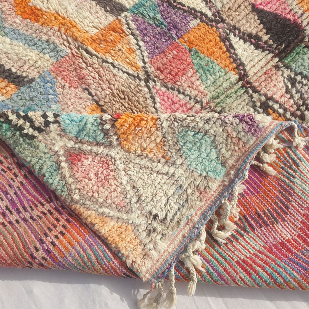 Dowelna - Tapis Marocain Boujaad Colore avec Bandes Chevrons et Treillis Losange - Tapis Berbere Tisse Main | 204x306 cm