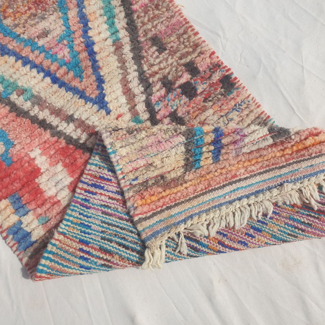 Jamasa - Vibrant Red, Turquoise and Pink Moroccan Runner Rug with Large Nested Diamond Medallions - Handwoven Berber Carpet | 2'2"x10'6" Ft | 68x320 cm